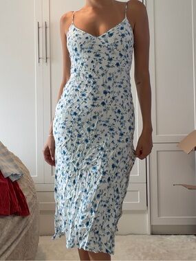 Blue Floral Midi Slip Dress with Spaghetti Straps